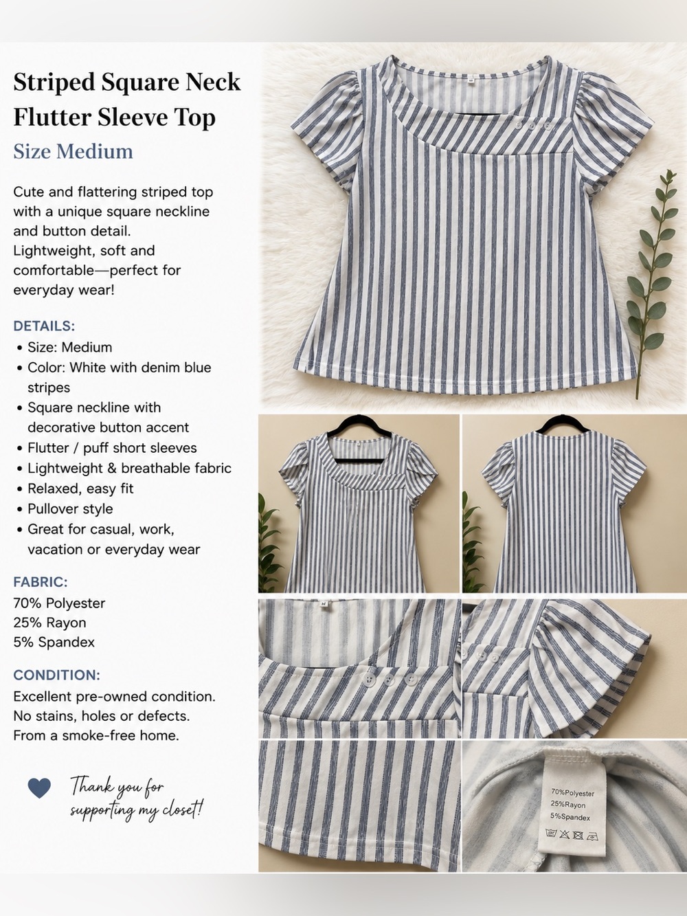 Striped Square Neck Flutter Sleeve Top - White & Denim Blue